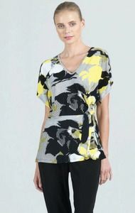 Clara Sun Woo Floral Stripe Printed Side Tie Tunic Vneck Drape Yellow Black XS